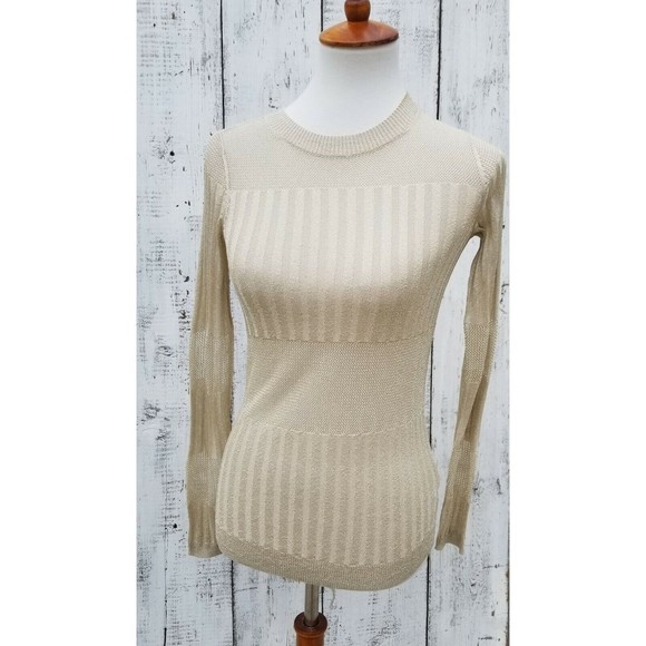$248 NEW J BRAND Womens XS Sheer Ribbed Knit Crew Neck METALLIC GOLD Tan Sweater - Picture 4 of 9